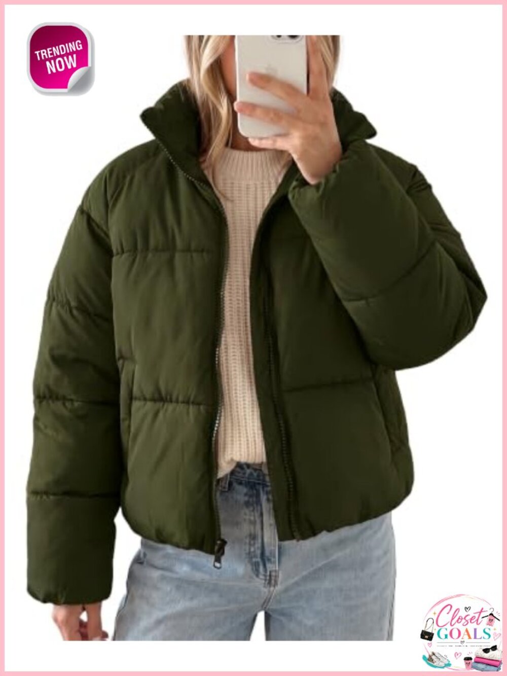 Womens Cropped Quilted Puffer Jacket Warm Zip Up Oversized Winter Coat